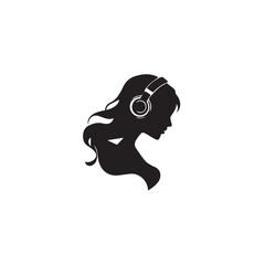 Black Vector Illustration of Woman Wearing Headphone in Clean Minimal Style on White Background