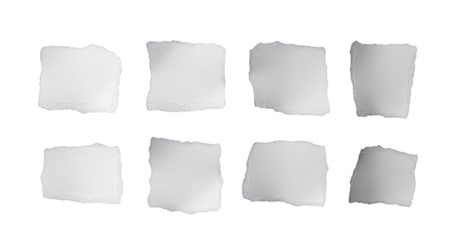Eight torn white paper pieces on black isolated on a transparent background ripped