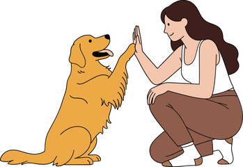 Golden Retriever Dog and Young Woman Giving High Five, Illustrating Friendship, Trust, and Happy Pet-Owner Relationship Vector Illustration.