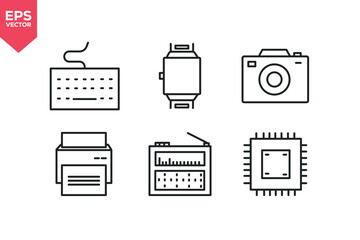 Set of line icons related to keyboard, smartwatch, camera, printer, radio, microchip.  Editable stroke. Vector illustration