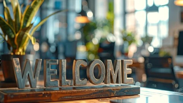 A warm welcome Office space decor with metallic letters spelling out 'WELCOME' on a wooden desk