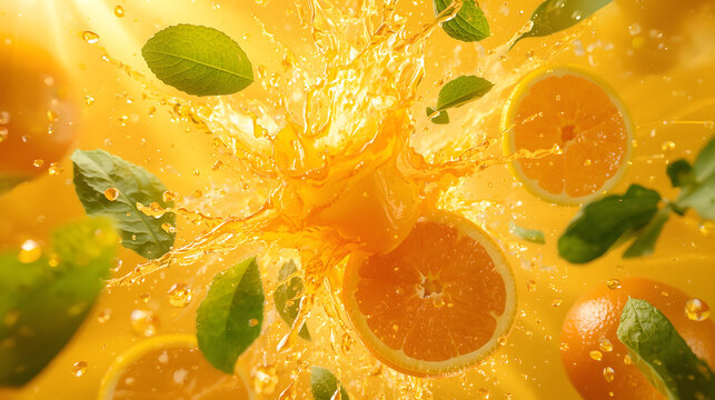 Refreshing orange splash with mint leaves and fruit high-resolution photo