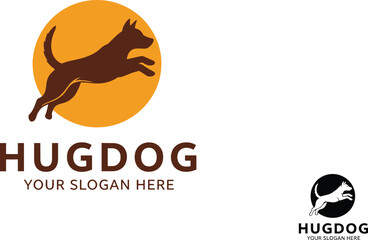 Jumping Dog Silhouette Logo Design in a Sunset or Sun Circle, Representing Pet Happiness, Animal Care, Dog Training, Fun, Energy, and Veterinary Services Branding Vector.