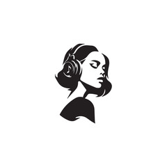 Black Vector Illustration of Woman Wearing Headphone in Clean Minimal Style on White Background