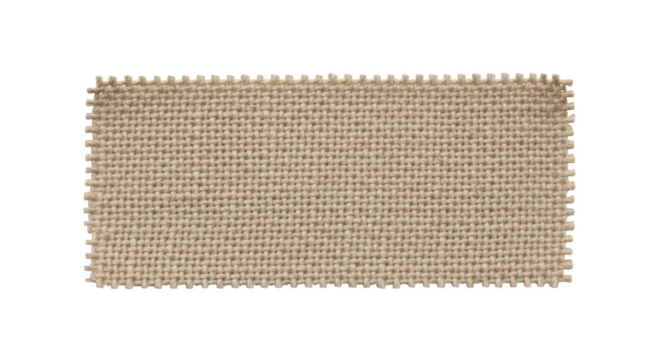 Close up of woven burlap fabric with frayed edges and a neutral beige color isolated on a transparent background