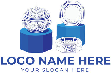 Decorative container logo vector with ornate boxes on pedestals for luxury packaging, jewelry, or heritage branding