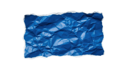Crinkled blue paper with torn edges and white border isolated on a transparent background crumpled ripped