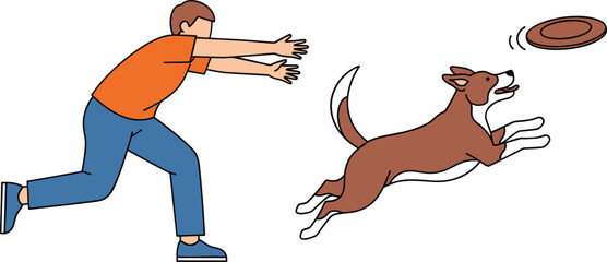 Man Playing Frisbee with His Dog Outdoors, Illustrating Fun, Exercise, Pet Training, Bonding, Active Lifestyle, and Happy Summer Activities Vector.