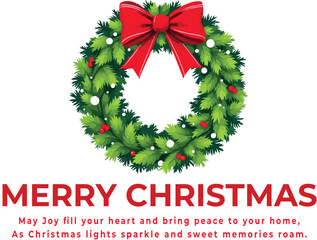 Christmas greeting vector with pine wreath, red bow, berries, and ornaments for traditional festive branding