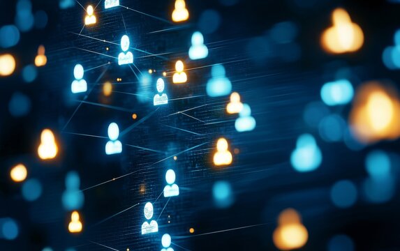 Digital network of interconnected human icons glowing in blue and orange, symbolizing online communication and social connections in a futuristic setting.