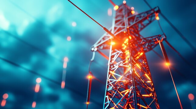 A close-up view of a high-voltage electricity transmission tower glowing with red lights against a blurred blue sky.