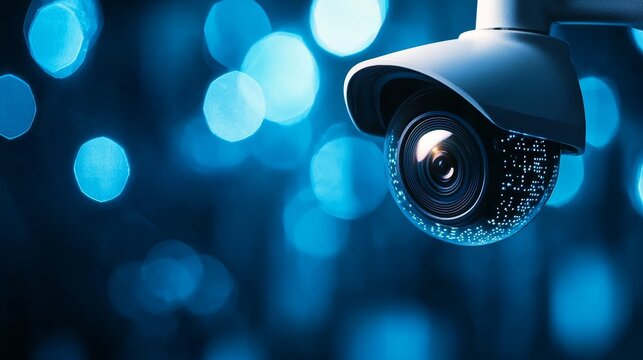 A close-up of a modern security camera with a blurred blue light background, symbolizing surveillance and monitoring in a high-tech environment.