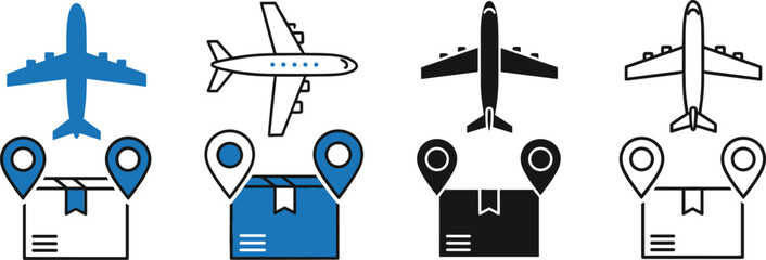 Air Cargo Logistics Vector Icon Set Showing Airplane, Shipping Box, and Location Pointers for Package Tracking, Delivery, and Global Transportation Services.