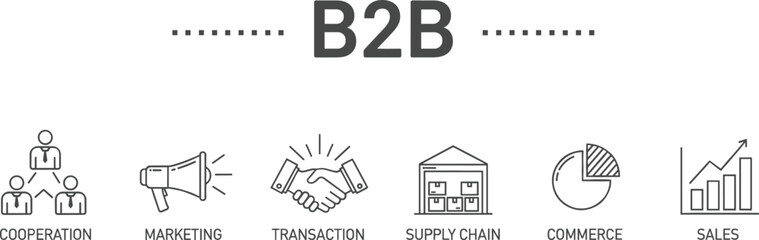 B2B (Business-to-Business) Infographic Banner: Cooperation, Marketing, Transaction, Supply Chain, Commerce, and Sales Strategy Vector Icon Set.