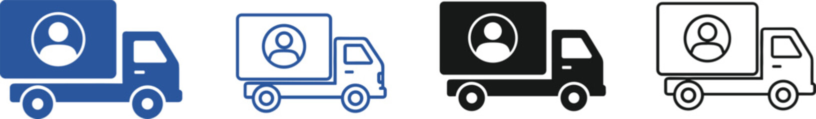 Delivery Truck Icon Set with User Profile Symbol Representing Logistics, Transportation of Goods, Moving Services, Courier, or Employee Relocation Vector Graphics.