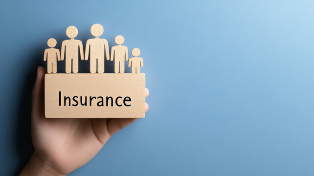Family insurance protection security safety concept blue background wooden figures hand - Powered by Adobe