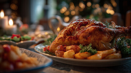 A festive christmas dinner table with a roasted turkey and side dishes under soft candlelight
