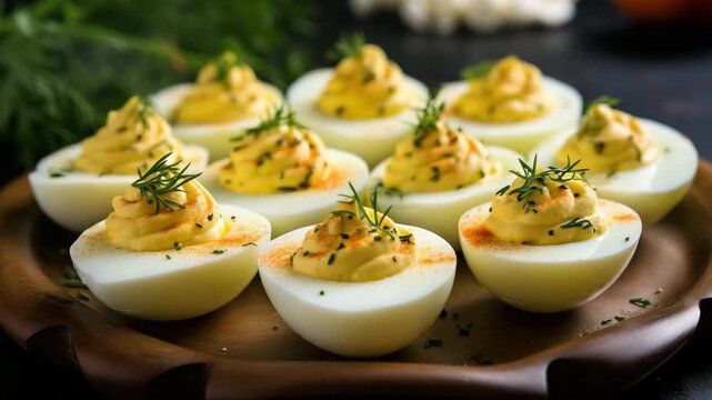 Classic deviled egg appetizer with herbs