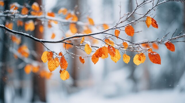 Bright orange and yellow leaves cling to bare branches while soft snowflakes fall gently in a serene forest setting capturing the beauty of autumn amid winter. - Powered by Adobe