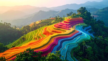 Vibrant Rainbow Terraced Fields in Lush Green Mountain Landscape at Sunset.