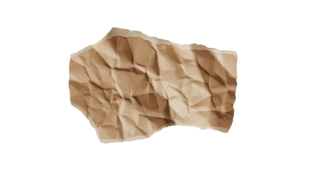 Crumpled brown paper fragment with torn edges and visible creases isolated on a transparent background