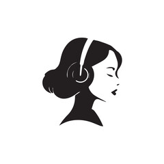 Black Vector Illustration of Woman Wearing Headphone in Clean Minimal Style on White Background
