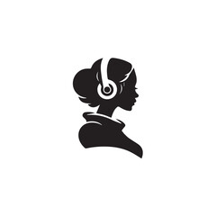 Black Vector Illustration of Woman Wearing Headphone in Clean Minimal Style on White Background