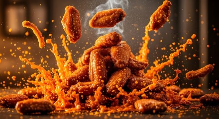 Dynamic Close-up of Stacked Spicy Chicken Wings Exploding with Intense Orange Barbeque Sauce Splash and Steaming Vapors on Dark Background