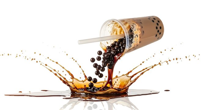 Dynamic Close-up of Bubble Milk Tea (Boba) Spilling from Cup with Liquid Splash and Flying Tapioca Pearls on White Background