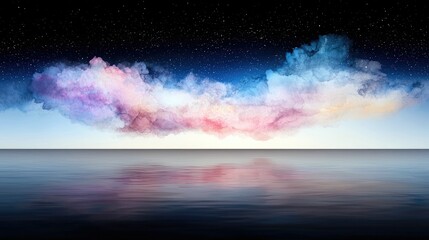 Fototapeta premium A surreal and colorful cloud formation stretches across the horizon, reflected in the still water below, under a dark, star-filled sky.
