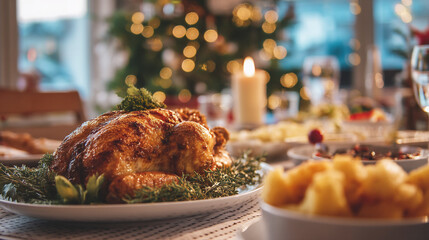 A festive christmas dinner table with roasted turkey and christmas tree in the background
