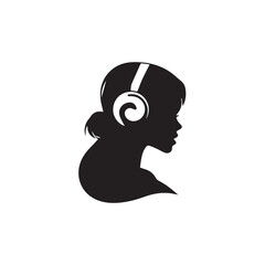 Black Vector Illustration of Woman Wearing Headphone in Clean Minimal Style on White Background