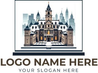 Institutional logo vector with historic building and modern city skyline for heritage, education, or civic branding