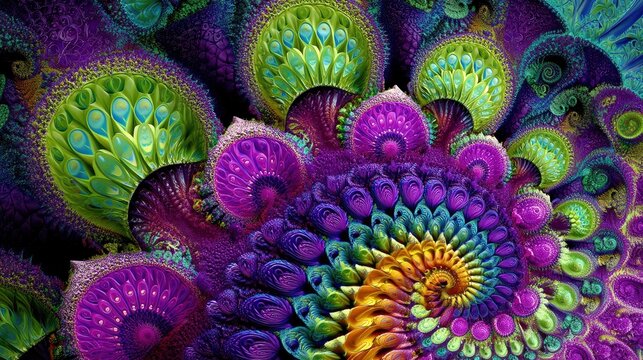 A colorful, intricate fractal pattern resembling peacock feathers and a spiral in shades of purple, green, and yellow. - Powered by Adobe