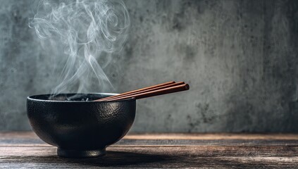 Steaming bowl with chopsticks rests on weathered wood surface