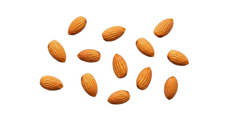 A collection of whole raw almonds scattered on a clean white background. PNG Transparent
