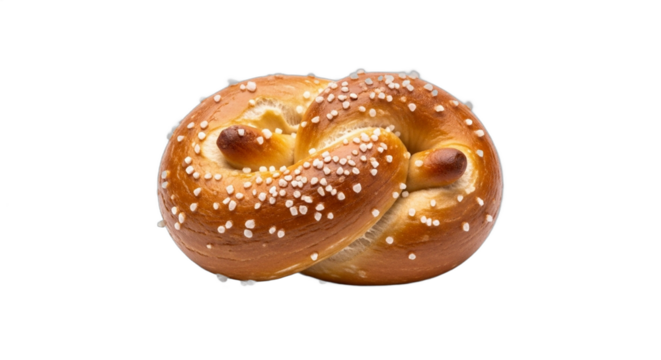 A classic soft German pretzel with coarse salt topping isolated on a clean white background. PNG Transparent