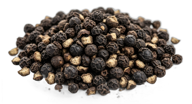 A closeup macro shot of a pile of whole dried black peppercorns. PNG Transparent