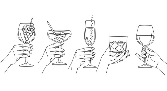 Set of hands holding cocktails line art vector illustration for menu design isolated on white backgr