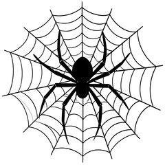 Black silhouette of a spider centered in its web, both against a stark white backdrop. Detailed lines form a circular web