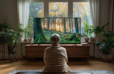 in the living room, there is an oversized smart tv hanging on the wall