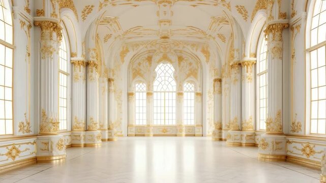 Bright white royal ballroom with golden decor 