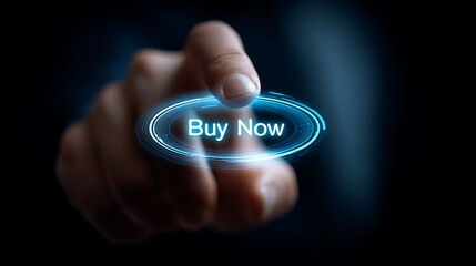 Clicking Buy Now Button with Finger on Glowing Interface Concept