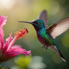 Obraz premium Hummingbird's Enchanting Sip Capturing Nature's Tiny Dancer with Hibiscus Bloom