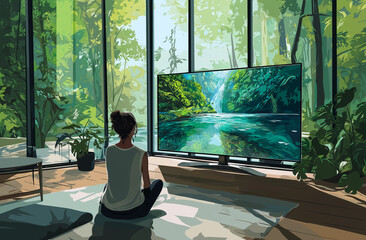 in the living room, there is an oversized smart tv hanging on the wall