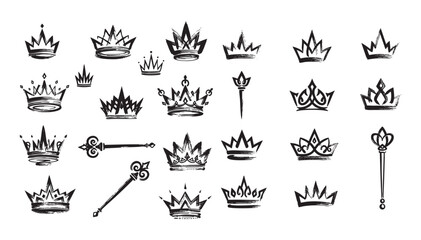 Set of Hand Drawn Royal Crowns and Scepters Vector Graphic