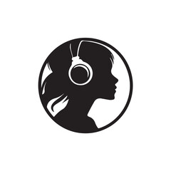 Black Vector Illustration of Woman Wearing Headphone in Clean Minimal Style on White Background