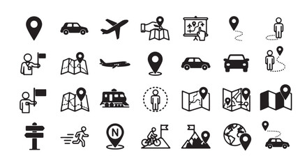 Travel and tourism icon set vector glyph symbols for navigation maps and transportation isolated on 