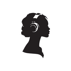 Black Vector Illustration of Woman Wearing Headphone in Clean Minimal Style on White Background