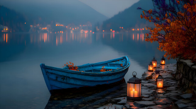 Rustic Blue Boat on Misty Lake with Lanterns by Stone Path